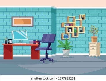 office work place scene with desktop vector illustration design