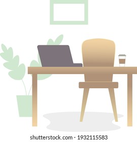 Office or work place vector illustration wooden table with the chair, laptop and cup of coffee, flowerpot with the plant