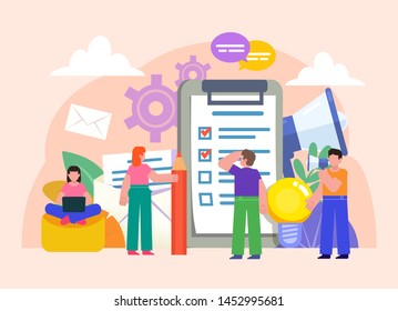 Office work planning, schedule, todo list. People stand near big document, envelope, megaphone. Poster for social media, web page, banner, presentation. Flat design vector illustration