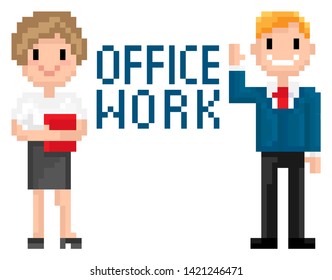 Office work poster decorated by pixelated man and woman workers in suit, portrait view of employees characters, 8 bit people cooperation, pixel business game vector