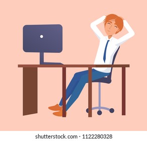 Office work poster with man resting at workplace vector illustration of worker sitting on chair at table with computer isolated on pink hands over head