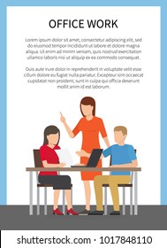 Office work, poster with text and image of woman wearing red dress and workers sitting on chairs listening to her, isolated on vector illustration