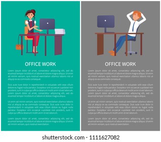 Office work posters set with man resting at workplace and woman typing on computer, vector workers sitting on chairs at table, banner with text sample