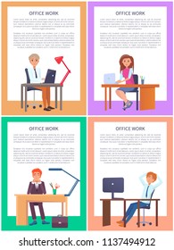 Office work posters set men and women working at tables with computers vector business workers at workplaces. People typing on notebooks at desktops