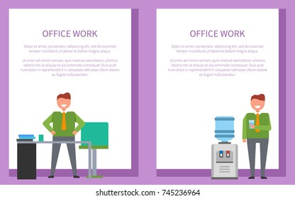 Office work posters set with smiling men with glass of water standing near watercooler or at table workplace. Vector in bright colors isolated on white