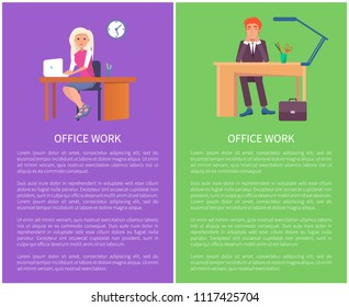 Office work posters set vector workers banner with text sample. Business people man and woman sitting at tables with computers and dreaming about rest