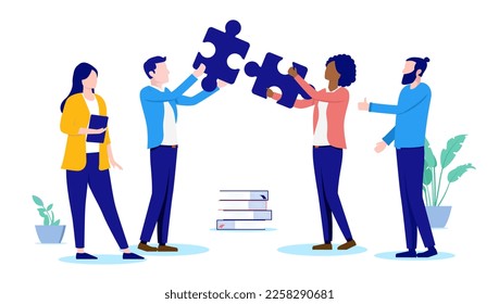 Office work problem solving - Team of people connecting jigsaw puzzle pieces while working together. Flat design vector illustration with white background