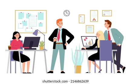 Office work process. Employee group working, colleague communicate. Comfortable coworking, meeting with boss. Decent business vector characters