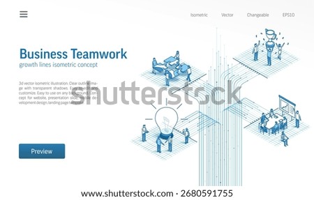Office work process, partner meeting isometric line icon illustration. Digital technology, people teamwork, data growth 3d vector design concept. Business team communication system background.