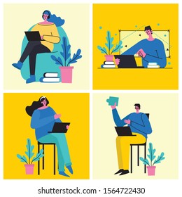 Office work and remote work, freelance. People working on computer. Vector illustration of concept of Online education, training, workshops and scenes at office.