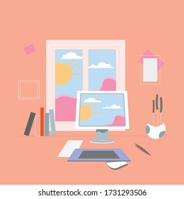 Office work and remote work, freelance. Working on computer. Vector illustration in flat style.