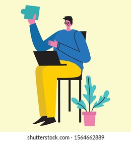 Office work and remote work, freelance. Young man working on computer. Vector illustration of concept of Online education, training, workshops and scenes at office.