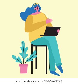 Office work and remote work, freelance. Young woman working on computer. Vector illustration of concept of Online education, training, workshops and scenes at office.