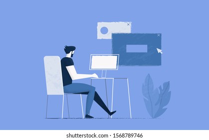 Office work and remote work, freelance. Young man working on computer. Vector illustration in flat style.