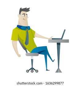 Trabajo de oficina y trabajo remoto, independiente. Joven trabajando en laptop. Ilustración vectorial en estilo plano.