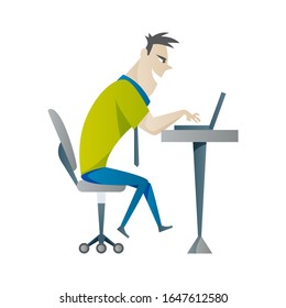 Office work and remote work, freelance. Young man working on laptop. Vector illustration in flat style.