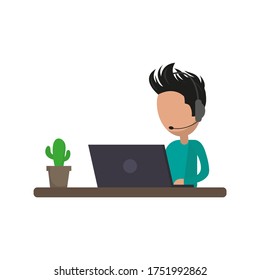 Office work and remote work, freelance. Young man working on computer. Vector illustration in flat style.