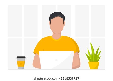 Trabajo de oficina y trabajo remoto, independiente. Joven trabajando en computación. Hombre trabajando en un portátil sentado en una mesa de trabajo pensando en una tarea. Estudio en línea, educación. Ilustración vectorial en estilo plano