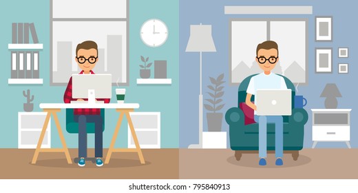 Office work and remote work, freelance. Young man working on computer. Vector illustration in flat style.