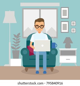 Office work and remote work, freelance. Young man working on computer. Vector illustration in flat style.