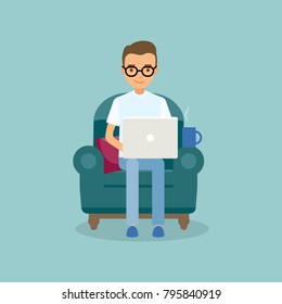 Office work and remote work, freelance. Young man working on computer. Vector illustration in flat style.