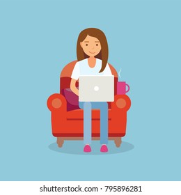 Office work and remote work, freelancing. Young woman working on computer. Vector illustration in flat style.