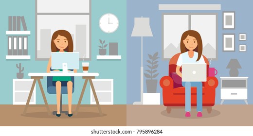 Office work and remote work, freelancing. Young woman working on computer. Vector illustration in flat style.