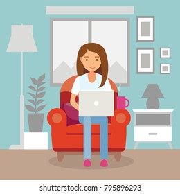 Office work and remote work, freelancing. Young woman working on computer. Vector illustration in flat style.