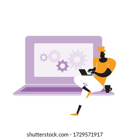 Trabajo de oficina y trabajo remoto en casa, freelance. Personas trabajando en computadoras. Escenas en la oficina. Educación en línea, capacitación, talleres. Noticias y comunicación.  Ilustración vectorial. 