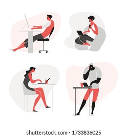 Office work and remote work at home, freelance. People working on computer. Scenes at office. Online education, training, workshops. News and communication.  Vector illustration set. 
