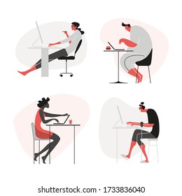 Trabajo de oficina y trabajo remoto en casa, freelance. Personas trabajando en computadoras. Escenas en la oficina. Educación en línea, capacitación, talleres. Noticias y comunicación.  Conjunto de ilustraciones vectoriales. 
