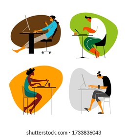 Office work and remote work at home, freelance. People working on computer. Scenes at office. Online education, training, workshops. News and communication.  Vector illustration set. 
