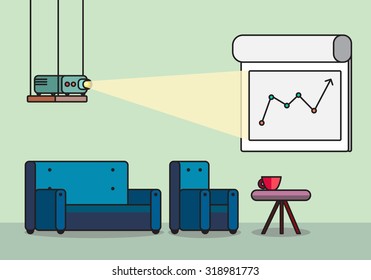 Office work room with projector, board bollard and comfortable seats for multimedia presentation sessions in modern style. Vector