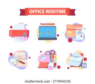 Arbeitsroutinemäßigung für Büros Moments Arbeitsplan Zerstörungspapiere durch Shredder Überprüfung der Infografik Stock Wachstum auf Laptop-Lesen eingereicht Dokumentation. Flacher Vektor für Unternehmen.