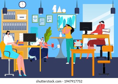 Office work routine, vector illustration. Business man woman people at cartoon computer job, employee at workplace desk. Flat worker manager