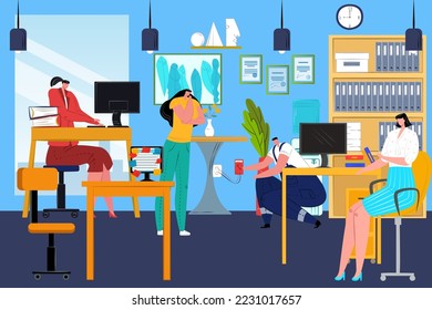 Office work routine, vector illustration. Business man woman people at cartoon computer job, employee at workplace desk. Flat worker manager