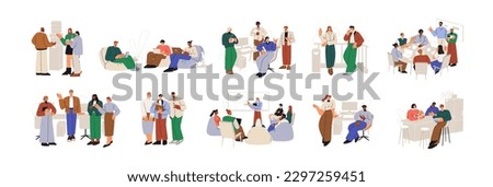 Office work scenes. Colleagues, company workers at corporate meetings, computers, workplaces, lunch break. Employee teams, daily life. Flat graphic vector illustrations isolated on white background