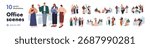 Office work scenes, company workers daily life set. Employee teams, colleagues at corporate meetings, computers, workplaces, lunch break. Flat graphic vector illustrations isolated on white background