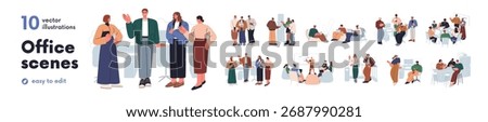 Office work scenes, company workers daily life set. Employee teams, colleagues at corporate meetings, computers, workplaces, lunch break. Flat graphic vector illustrations isolated on white background