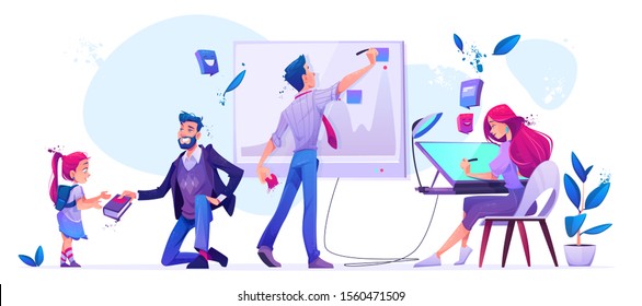 Office work and school education. Man writing on chart board, woman designer drawing on graphic tablet. Teacher stand on knee giving book to little girl with schoolbag. Cartoon vector illustration