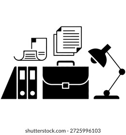 Büroarbeitssatz mit Aktenkoffer-Dokumenten und Lampe.