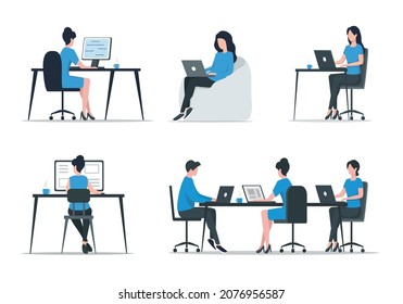 Conjunto de trabajo de Office. Comunicación e intercambio de ideas. Ilustración vectorial plana de color. Aislado sobre fondo blanco.