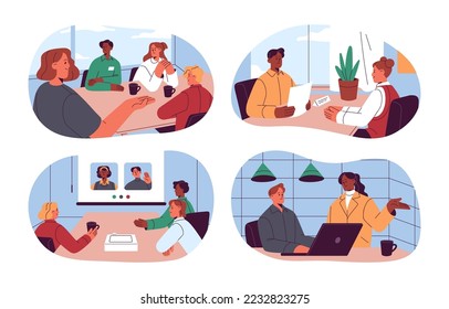 Office work set. Employee teams at meeting, laptop, workplace. Daily business routine, job interview, conference, communication with coworkers. Flat vector illustrations isolated on white background.