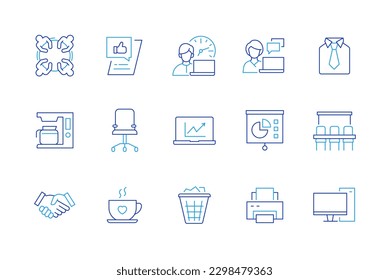 Office work - set of modern line design style icons on white background. General meeting, employee, shirt and tie, coffee break, computer and printer, statistics graph and report, handshake, trash can