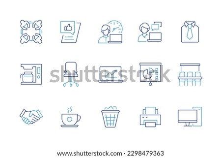 Office work - set of modern line design style icons on white background. General meeting, employee, shirt and tie, coffee break, computer and printer, statistics graph and report, handshake, trash can