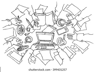 Office work sketch concept with top view human hands with office objects - hand drawn vector illustration, isolated on white