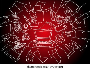 Office work sketch concept with top view human hands with office objects - vector illustration