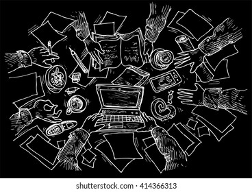 Office work sketch concept with top view human hands with office objects - hand drawn vector illustration, stylized engraving