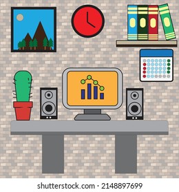 A office work space with computer , speaker , cactus and other things - concept of working - illustration , vector , icon