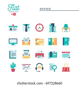 Office, work space and items, flat icons set, vector illustration